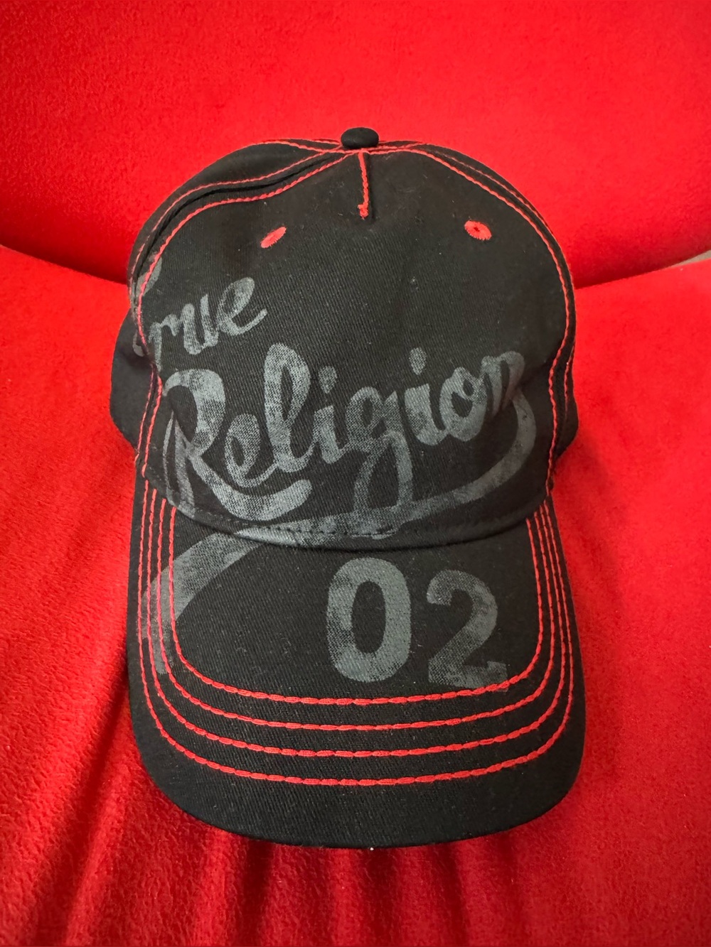 True Religion Script Logo Snapback Hat Black Red Stitching NWOT